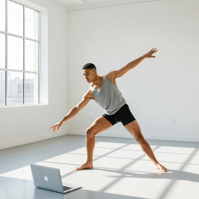 Professional dancer using choreography software on a laptop in a studio