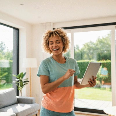 Woman happily participating in an online dance class from her living room on a tablet
