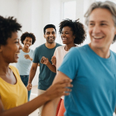 Diverse group of adults happily dancing in a bright studio, full of energy and positive emotion