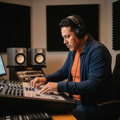 Music producer in a studio with mixing board and headphones, focused on creating new beats, professional photography, no text, no words, no typography, 8K, natural lighting