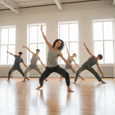 Modern dancers rehearsing choreography in a studio, dynamic poses, bright lighting
