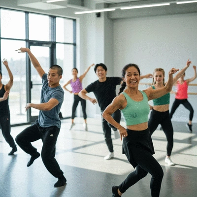 Diverse group of dancers in a brightly lit studio, participating in a trial class