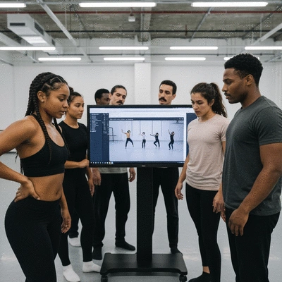 Group of dancers collaborating and reviewing choreography on a large screen