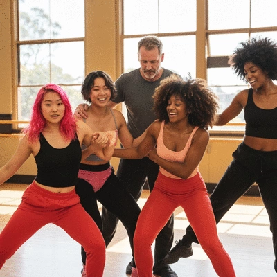 Diverse group of dancers supporting each other in a dance studio, showing camaraderie and teamwork. Natural lighting, vibrant atmosphere.