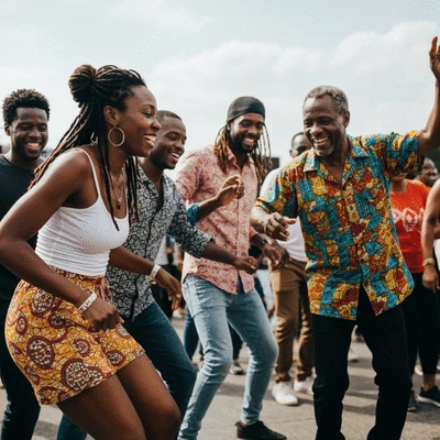 Diverse group of people dancing to Afrobeats and Amapiano music, energetic and joyful atmosphere, professional photography, no text, no words, no typography, 8K, natural lighting