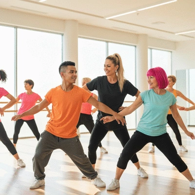 Diverse group of dancers in a choreography class in Australia, practicing a routine together, with an instructor guiding them. Bright, modern studio setting.